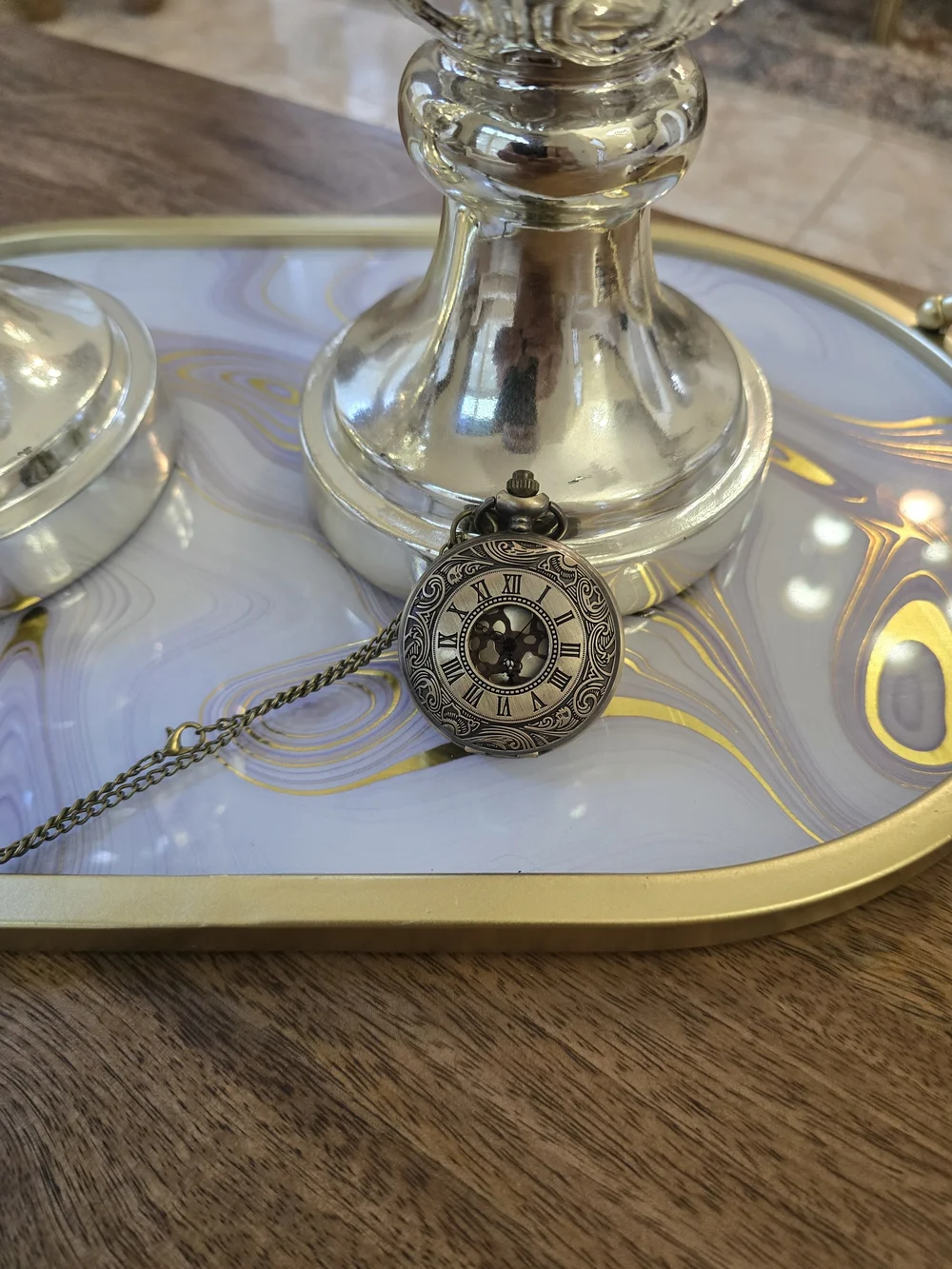 Antique-Style Brass Pocket Watch Necklace - Brass Tone